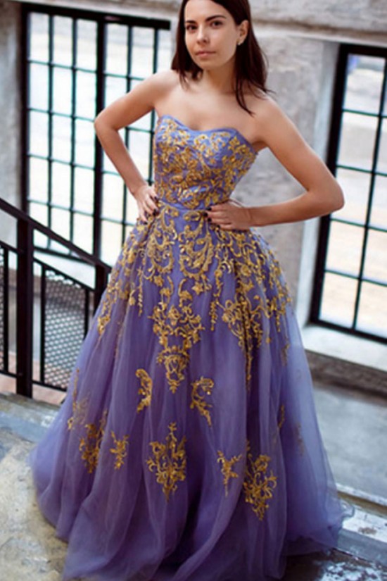 Ball Gown Tulle Gold Lace Appliques Long Prom Dresses Formal Evening Dresses 601044 Ball Gown Tulle Gold Lace Appliques Long Prom Dresses Formal Evening Dresses 601044