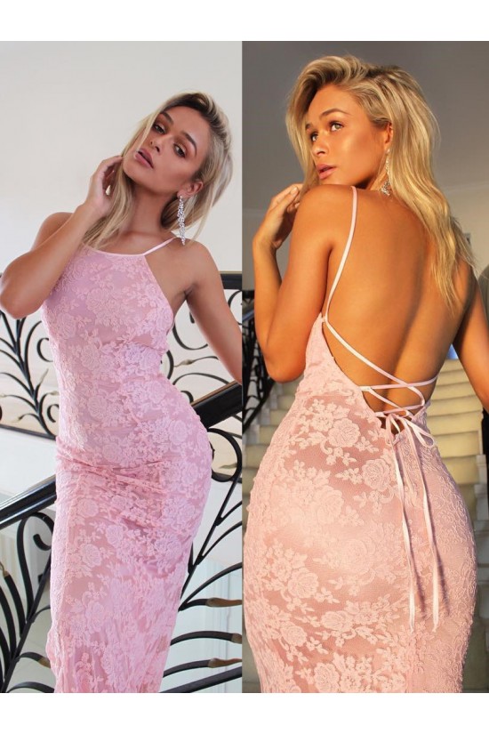 Long Pink Mermaid Lace Prom Dresses Formal Evening Dresses 601046