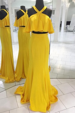Mermaid Two Pieces Long Yellow Prom Dresses Formal Evening Dresses 601048