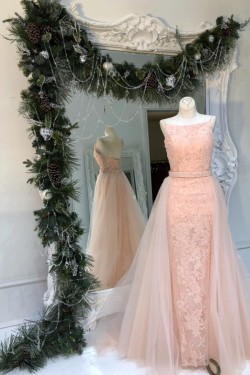 Long Pink Lace Tulle Prom Dresses Formal Evening Dresses 601049