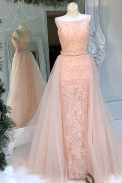 Long Pink Lace Tulle Prom Dresses Formal Evening Dresses 601049