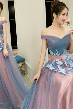 A-Line Off-the-Shoulder Tulle Long Prom Dresses Formal Evening Dresses 601050
