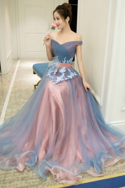 A-Line Off-the-Shoulder Tulle Long Prom Dresses Formal Evening Dresses 601050