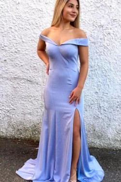 Mermaid Off-the-Shoulder Long Prom Dresses Formal Evening Dresses with Side Slit 601054
