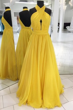 Long Yellow Halter Chiffon Prom Dresses Formal Evening Dresses 601056