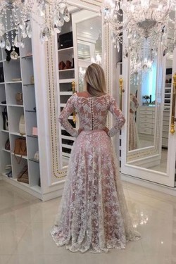 A-Line Long Sleeves Lace Long Prom Dresses Formal Evening Dresses 601057
