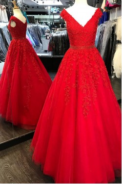 Long Pink V-Neck Lace Beaded Prom Dresses Formal Evening Dresses 601058