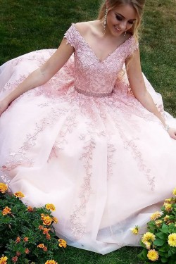 Long Pink V-Neck Lace Beaded Prom Dresses Formal Evening Dresses 601058