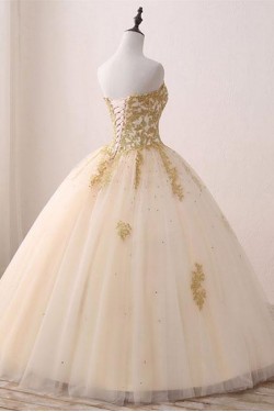 Ball Gown Sweetheart Gold Lace Appliques Long Prom Dresses Formal Evening Dresses 601059