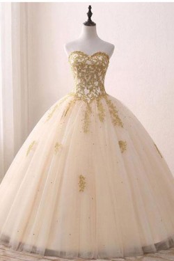 Ball Gown Sweetheart Gold Lace Appliques Long Prom Dresses Formal Evening Dresses 601059