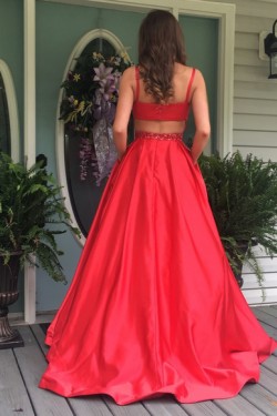 A-Line Long Red Beaded Prom Dresses Formal Evening Dresses 601060