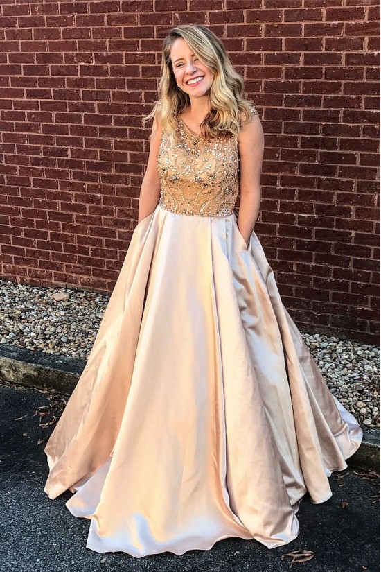 A-Line Beaded Satin Long Prom Dresses Formal Evening Dresses 601061