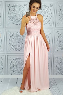 Long Pink Lace Chiffon Prom Dresses Formal Evening Dresses 601064