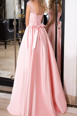 Long Pink Lace Satin Prom Dresses Formal Evening Dresses 601067