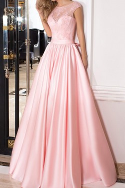 Long Pink Lace Satin Prom Dresses Formal Evening Dresses 601067