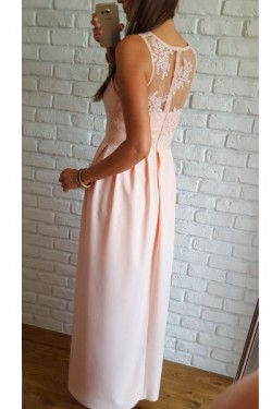 Long Pink V-Neck Lace Prom Dresses Formal Evening Dresses 601069