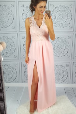 Long Pink V-Neck Lace Prom Dresses Formal Evening Dresses 601069