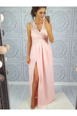 Long Pink V-Neck Lace Prom Dresses Formal Evening Dresses 601069