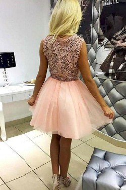 A-Line Short Pink Lace Prom Dresses Formal Evening Dresses 601073
