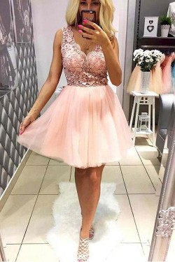 A-Line Short Pink Lace Prom Dresses Formal Evening Dresses 601073
