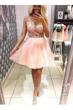 A-Line Short Pink Lace Prom Dresses Formal Evening Dresses 601073