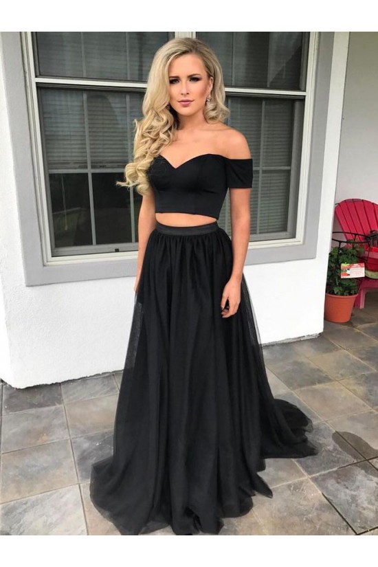 Two Pieces Long Black Off-the-Shoulder Prom Dresses Formal Evening Dresses 601076 Two Pieces Long Black Off-the-Shoulder Prom Dresses Formal Evening Dresses 601076