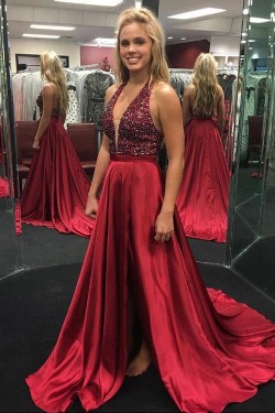 A-Line Beaded V-Neck Long Prom Dresses Formal Evening Dresses 601078