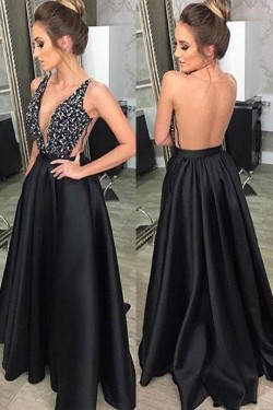 A-Line V-Neck Beaded Long Black Prom Dresses Formal Evening Dresses 601086