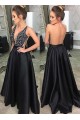 A-Line V-Neck Beaded Long Black Prom Dresses Formal Evening Dresses 601086