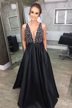 A-Line V-Neck Beaded Long Black Prom Dresses Formal Evening Dresses 601086