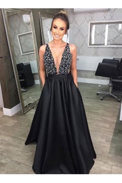 A-Line V-Neck Beaded Long Black Prom Dresses Formal Evening Dresses 601086