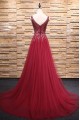 A-Line Beaded Long Red Tulle Prom Dresses Formal Evening Dresses 601087