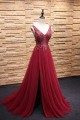 A-Line Beaded Long Red Tulle Prom Dresses Formal Evening Dresses 601087