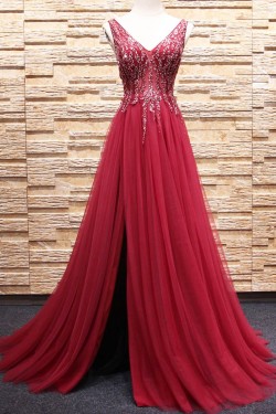 A-Line Beaded Long Red Tulle Prom Dresses Formal Evening Dresses 601087
