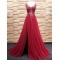 A-Line Beaded Long Red Tulle Prom Dresses Formal Evening Dresses 601087