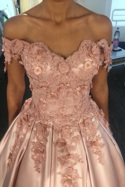 Ball Gown Off-the-Shoulder Lace Satin Long Prom Dresses Formal Evening Dresses 601088