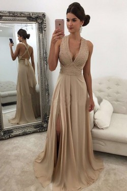 Beaded Chiffon V-Neck Long Prom Dresses Formal Evening Dresses 601089