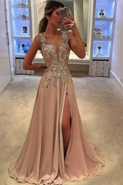 A-Line V-Neck Long Prom Dresses Formal Evening Dresses 601090