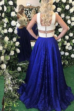 Beaded Lace Blue White Long Prom Dresses Formal Evening Dresses 601091
