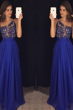 A-Line One-Shoulder Long Blue Beaded Lace Chiffon Prom Dresses Formal Evening Dresses 601092