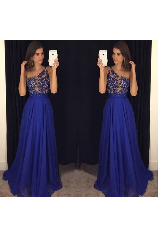 A-Line One-Shoulder Long Blue Beaded Lace Chiffon Prom Dresses Formal Evening Dresses 601092 A-Line One-Shoulder Long Blue Beaded Lace Chiffon Prom Dresses Formal Evening Dresses 601092