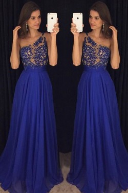 A-Line One-Shoulder Long Blue Beaded Lace Chiffon Prom Dresses Formal Evening Dresses 601092