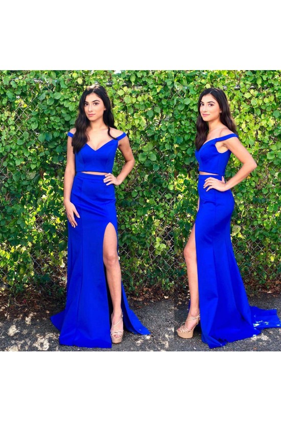 Two Pieces Off-the-Shoulder Long Blue Prom Dresses Formal Evening Dresses 601096