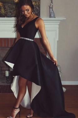High Low Black White V-Neck Prom Dresses Formal Evening Dresses 601097