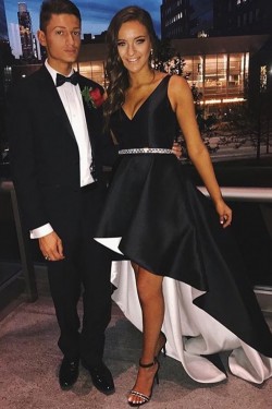 High Low Black White V-Neck Prom Dresses Formal Evening Dresses 601097