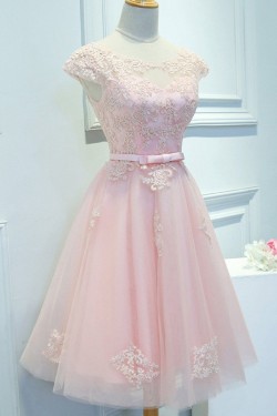 A-Line Short Pink Lace Appliques Prom Dresses Formal Evening Dresses 601099