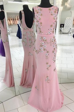 Long Pink Beaded Mermaid Prom Dresses Formal Evening Dresses 601106