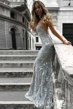 Mermaid V-Neck Lace Long Prom Dresses Formal Evening Dresses 601107