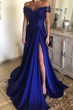 A-Line Long Blue Lace Off-the-Shoulder Prom Dresses Formal Evening Dresses 601108