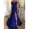 A-Line Long Blue Lace Off-the-Shoulder Prom Dresses Formal Evening Dresses 601108